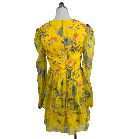 Mac Duggal Long-Sleeve V-Neck Mini Dress Anthropologie Yellow Printed Floral - Picture 10 of 12